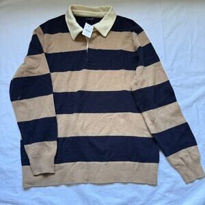 NWT J. Crew Wool Blend Sweater Rugby, Navy/Tan Stripe, Size XL